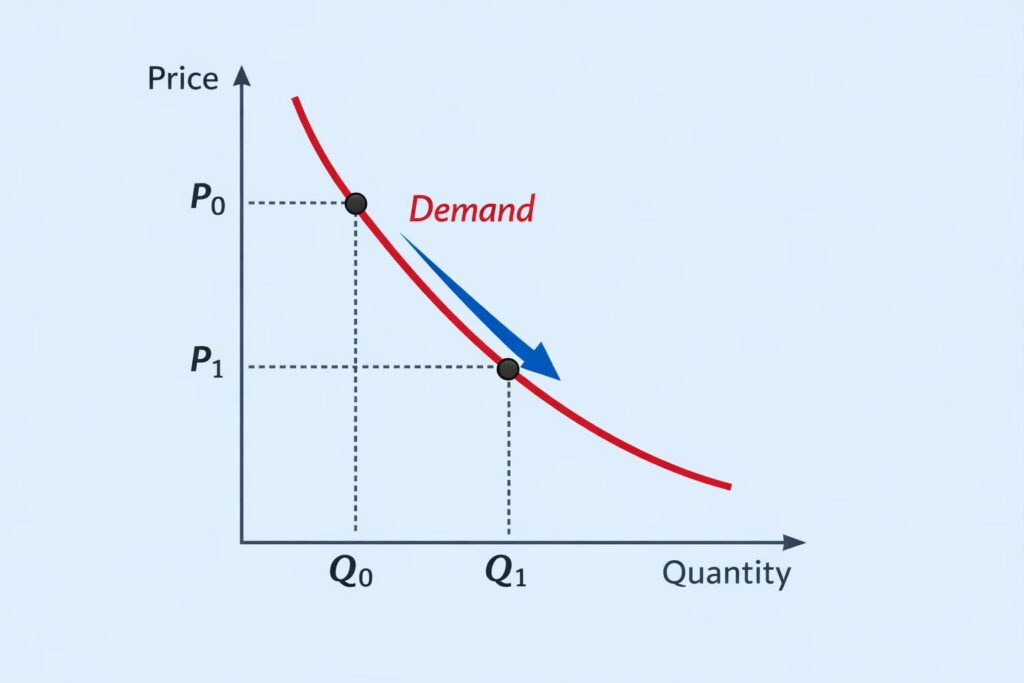 Illustration of the basics of the economy with a downward-sloping demand curve on a two-dimensional graph, showing the relationship between price and quantity. The vertical axis is labeled 'Price,' and the horizontal axis is labeled 'Quantity,' with a red curve labeled 'Demand' extending from the top left to the bottom right. Highlighted points on the curve indicate price and quantity changes (P0, Q0 and P1, Q1), connected by a blue arrow showing the inverse relationship. Dotted lines extend to the axes, clearly marking the respective values, all presented against a light blue background for clarity.