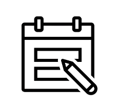 Simplified iconographic representation of a notepad and pen rendered in black and gray against a black background. The rectangular notepad features a horizontal binding bar at the top and three horizontal lines for writing. A cylindrical pen with a pointed tip is positioned diagonally across the lower right corner, suggesting the act of writing. The minimalist design and stark contrast create a clean, modern aesthetic, emphasizing clarity and focus on note-taking.