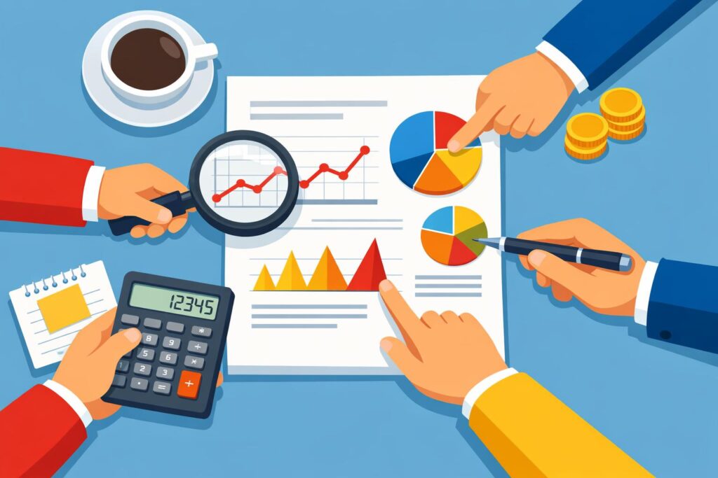 Flat vector-style illustration of a business analysis scenario featuring a central white sheet of paper with various charts and graphs representing financial data. Surrounding hands in red and blue sleeves engage with the document: one examines a line graph with a magnifying glass, another points at a pie chart, while a third holds a calculator, and a fourth uses a pen. The composition is symmetrical, radiating outwards from the document, set against a light blue background, embodying collaboration and analysis in a bright, modern style.