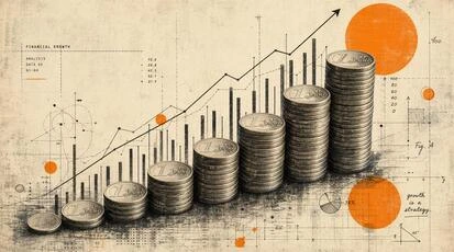 Home 2 Stacks of coins increase in height from left to right, overlaid on a diagram of financial growth with charts and graphs. The image visually represents inflation.